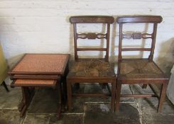 Nest of tables with hammered copper top & 2 rail back rush seated chairs