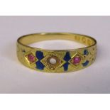 18ct gold Edwardian gypsy ring Sheffield 1904, central stone missing and blue enamel mostly worn