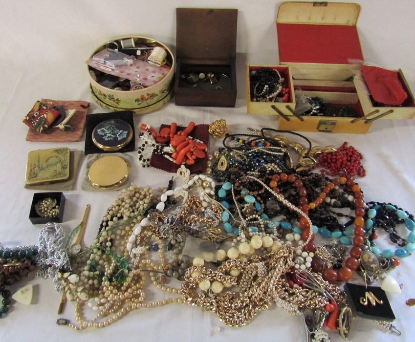 Quantity of costume jewellery, Hemes ladies watch, compacts and sewing kit