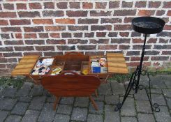 Free standing wooden sewing box with contents & a wrought iron flower arrangement stand