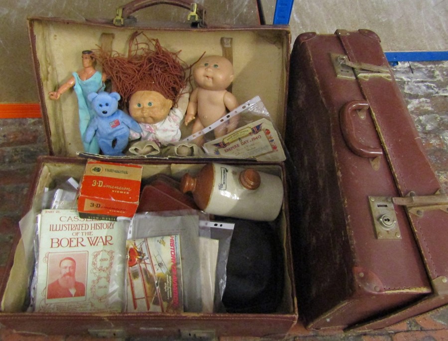 2 vintage suitcases inc 'Expand-it' containing vintage toys inc Viewfinder, Cabbage Patch dolls,