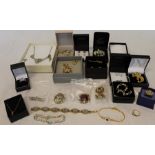 Selection of costume jewellery including silver earrings, diamante necklace, large square silver