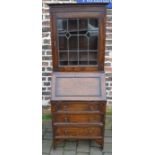 Early 20th century oak bureau lead glazed bookcase Ht170cm W 60cm D 42cm