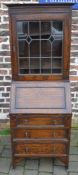 Early 20th century oak bureau lead glazed bookcase Ht170cm W 60cm D 42cm