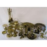 Large quantity of brass ware inc candlesticks, fireside companion, clock,  horse brasses etc