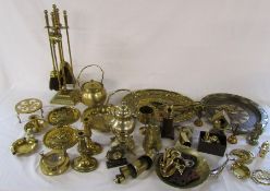 Large quantity of brass ware inc candlesticks, fireside companion, clock,  horse brasses etc