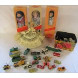 Various playworn cars inc Corgi and boxed porcelain dolls etc