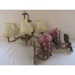Pair of wall lights with pink iridescent shades & 5 branch ceiling light