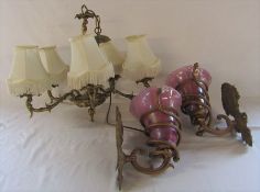 Pair of wall lights with pink iridescent shades & 5 branch ceiling light