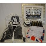 Grimsby Town FC jacket & signed football, framed England dressing room picture, 3 England T shirts &