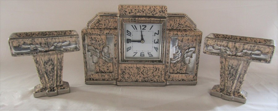 French Art Deco ceramic 8 day clock garniture (clock L 32 cm, H 22 cm)