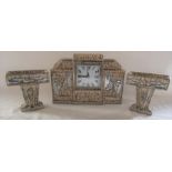French Art Deco ceramic 8 day clock garniture (clock L 32 cm, H 22 cm)