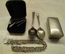 Selection of silver consisting of earrings, necklace & 2 teaspoons weight 2.43 ozt and a white metal