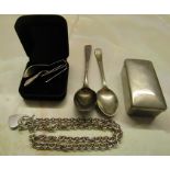 Selection of silver consisting of earrings, necklace & 2 teaspoons weight 2.43 ozt and a white metal