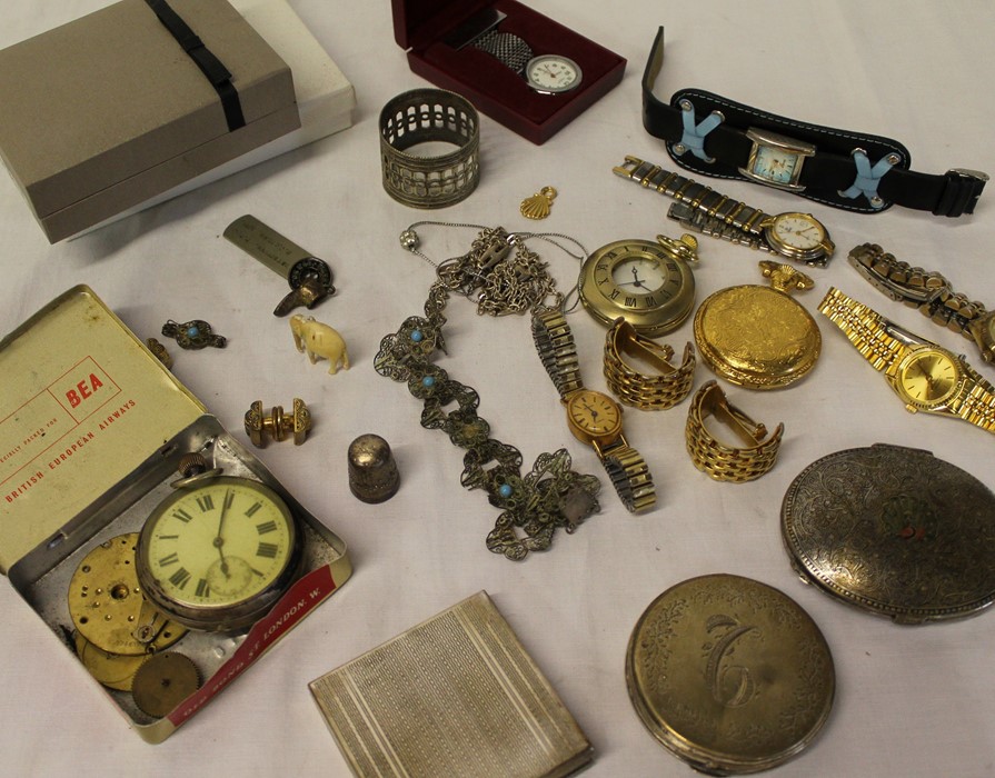 Selection of costume jewellery, silver pocket watch (af) compacts etc.