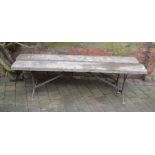 2 wrought iron and wooden benches L 182 cm