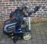 Powakaddy FWi electric golf trolley with a set of Ping golf clubs & an AquaPel 2 bag