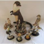 Selection of Country Artists animal figurines inc 'Watchful' otter H 35 cm, Pair of goldfinches with