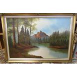 Framed oil of canvas of a mountainous scene signed Williams 102 cm x 72 cm (size including frame)