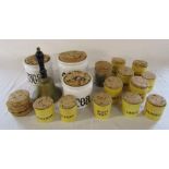 Selection of ceramic spice jars inc Kiln Craft and a brass bell