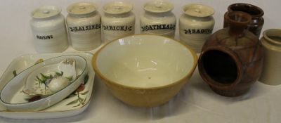 5 kitchen storage jars - Raisins x 2, Rice, Oatmeal & Sago, Royal Worcester Evesham dish, T G