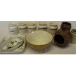 5 kitchen storage jars - Raisins x 2, Rice, Oatmeal & Sago, Royal Worcester Evesham dish, T G