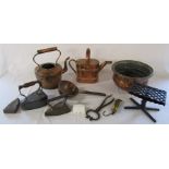 Assorted copper and iron etc inc watering can, irons and planter