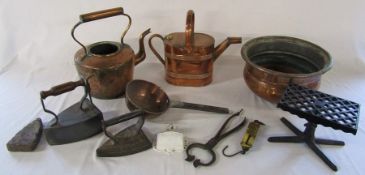 Assorted copper and iron etc inc watering can, irons and planter