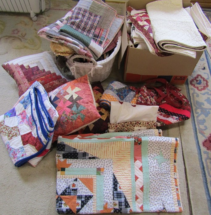 Large quantity of patchwork covers, cushions, bags etc & a pair of curtains