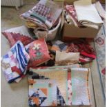 Large quantity of patchwork covers, cushions, bags etc & a pair of curtains