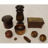 Selection of treen to include mahogany casket shaped pin cushion, lidded powder pot, small turned