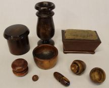 Selection of treen to include mahogany casket shaped pin cushion, lidded powder pot, small turned