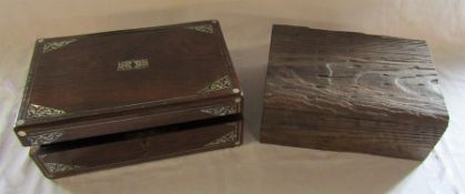 Victorian writing slope with mother of pearl inlay (af) L 34.5 cm & a rustic wooden box L 31 cm D 22