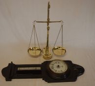 Late Victorian/Edwardian barometer & brass balance scales with weights