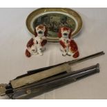 Pair of small Staffordshire dogs (some damage) 13cm, Prattware oval bowl with Blind Fiddler print by