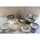 Various plates, glassware inc decanters, condiment set (one missing) etc