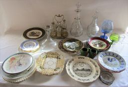 Various plates, glassware inc decanters, condiment set (one missing) etc