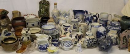 Selection of decorative jugs, studio pottery including piggy banks, Alvingham Pottery lamp etc (3