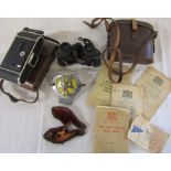AA car badge, camera, ephemera, pipe & Imperator 8 x 26 binoculars