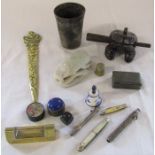 Various items inc silver pencil holders (af), fruit knives, soapstone, Chinese brass lock, snuff box