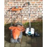 Flymo electric pac a mow lawnmower, a Macallister MCH18 lithium-ion cordless lawnmower & strimmer (