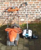 Flymo electric pac a mow lawnmower, a Macallister MCH18 lithium-ion cordless lawnmower & strimmer (