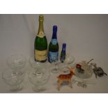 4 glass bowls, 3 Babycham glasses, magnum of Perry, 2 other bottles etc