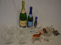 4 glass bowls, 3 Babycham glasses, magnum of Perry, 2 other bottles etc