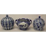 Chinese blue and white pumpkin shaped ginger jar & cover, similar lidded jar & twin handled
