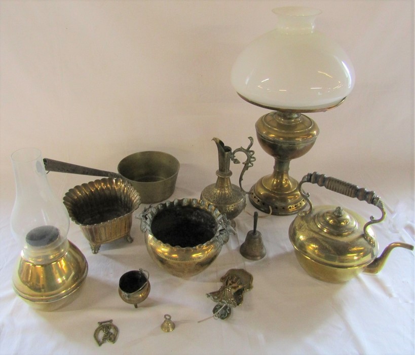 Various brass ware inc oil lamp (converted to electricity), planters and kettle