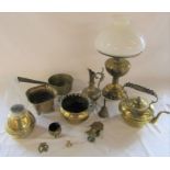 Various brass ware inc oil lamp (converted to electricity), planters and kettle