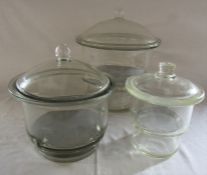 3 glass laboratory desiccators H 35, 27 and 23 cm