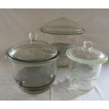 3 glass laboratory desiccators H 35, 27 and 23 cm