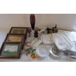 Various glassware and ceramics, souvenir spoons, lace, picture frames and prints etc